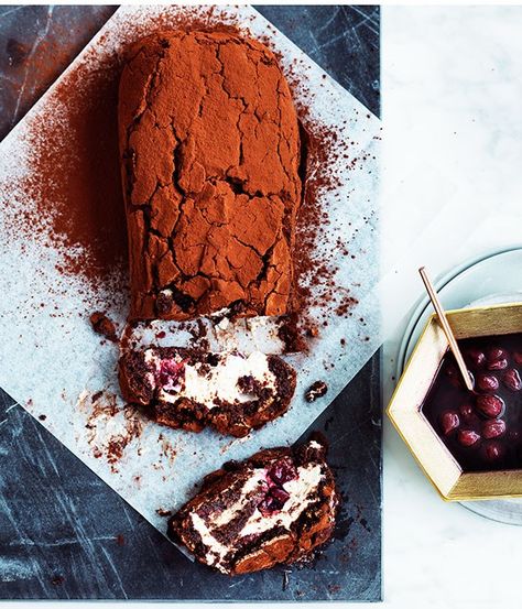 Sour cherries add a lovely fresh tart note to this roulade. Fresh cherries will work here, too, if you can find them. Flourless Cake Recipes, Chocolate Roulade, Sour Cherries, Semolina Cake, Flourless Cake, Festive Desserts, Cherry Recipes, Flourless Chocolate, Christmas Food Desserts