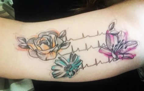 Flower, heartbeat and color of my children Heartbeat Flower Tattoo, Flower Heartbeat Tattoo, Skellington Tattoo, Aster Flower Tattoos, Ekg Tattoo, Jack Skellington Tattoo, Heartbeat Tattoo, On Tattoo, Romantic Questions