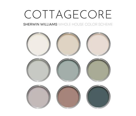 Cottagecore Sherwin Willams Paint Palette Cozy Neutral Interior Paint Colors for Home, Cottage Color Palette, Hushed Auburn - Etsy Cozy Colorful Eclectic Cottage Interiors, Cottagecore Paint Colors Sherwin Williams, Behr Paint Colors For Kitchen Walls, French Country Interior Paint Colors, Cottage Core Paint Colors, Paint Color Ideas For Bedroom, Sage Green And Blue Bedroom, Cottagecore Paint Colors, English Cottage Paint Colors