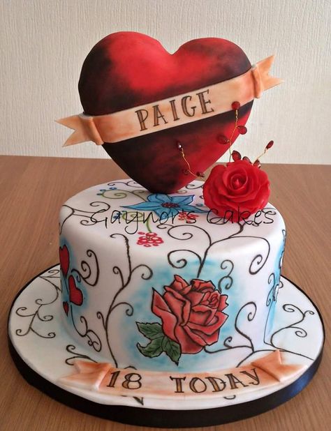 Tattoo Cake Tattoo Birthday Cake, Tattoo Cake Birthday, Heart Cake Tattoo, Cake Tattoo Traditional, Tattoo Cake Ideas, Cake Tattoo Ideas, Motorbike Wedding, Tattoo Birthday, Tattoo Cake