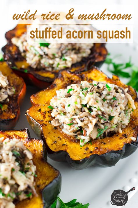 Stuffed Acorn Squash with Wild Rice and Mushroom Pilaf! Made with roasted acorn squash and a rice pilaf. Perfect Thanksgiving sides! One of the best Thanksgiving recipes #thanksgiving #thanksgivingsides #thanksgivingrecipe | cookingformysoul.com Mushrooms Thanksgiving, Squash Thanksgiving, Mushroom Pilaf, Recipes Mushrooms, Sausage Stuffed Acorn Squash, Zucchini Zoodles, Mushrooms Stuffed, Stuffed Squash, Stuffed Acorn Squash