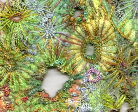 Paula Watkins hand embroidery with space dyed threads. Inspired by lichen. Lichen Embroidery, Sea Anenomes, 2d Felting, Textiles Gcse, Abstract Embroidery, Fabric Collage, Wool Embroidery, Fabric Pictures, Fibres Textiles