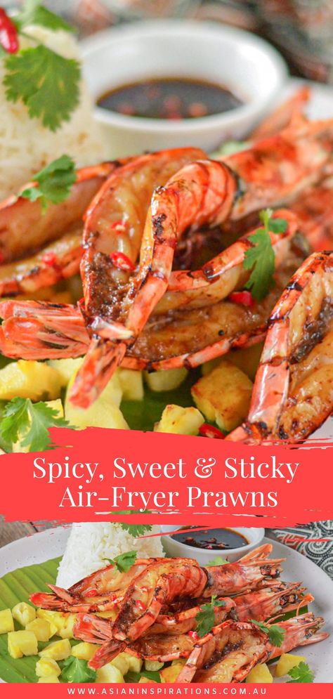 Sweet, savoury, spicy and zesty - all the characteristics of an authentic Thai recipe. Serve up these air fryer prawns for a dinner party and it'll be an absolute crowd-pleaser. Recipe brought to you by Asian Inspirations. #airfryer #airfryerrecipes #prawns #sweetandspicyprawns #prawnrecipes #thaifood #thairecipes #thairecipe #thaidish Prawn Air Fryer Recipes, Air Fryer Prawn Recipes, Airfryer Prawns, Air Fryer Prawns, Thai Prawn Recipes, Chinese Prawn Recipes, How To Cook Prawns, Prawn Skewers, Airfryer Recipe