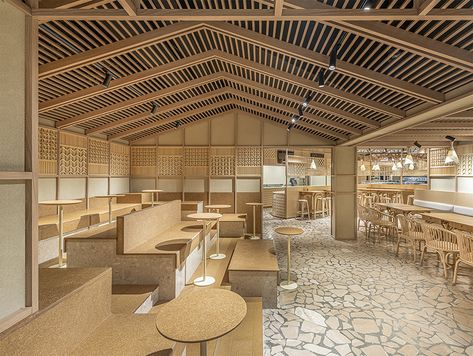 lukstudio builds modern supermarket in china with wooden frames and vernacular references Modern Supermarket, Flagstone Pavers, Lattice Screen, Cafe Area, Chinese Market, Food Retail, Bamboo Table, Changsha, Architecture Magazines