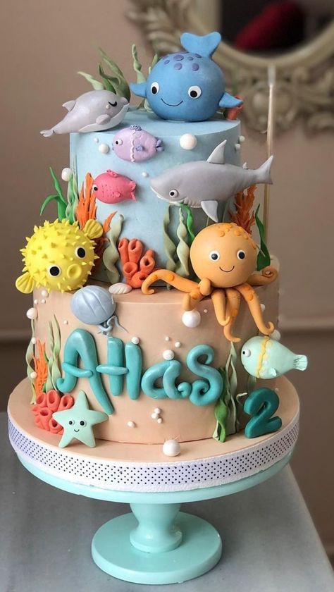 Sea World Cake Ideas, Cake Sea Animals, Sealife Birthday Cake, Sea Theam Cake Design, Sea Animals Birthday Theme, Sea World Cake, Sea Animals Birthday Cake, Underwater Themed Cake, Sea Cake Ideas Birthday