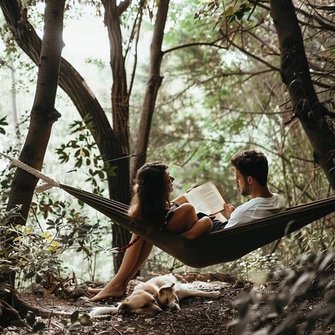 Forest Relaxation Escape: A tranquil moment in the forest as a couple relaxes in a hammock with a book and a dog. #hammock #forest #couple #relaxation #reading #dog #nature #serenity #aiart #aiphoto #stockcake https://ayr.app/l/kJR4 Hammock Couple Cuddling, Couple On Hammock, Hammock Couple Pictures, Nature Serenity, Dog Nature, Vision 2025, Friends Hanging Out, Dog Hammock, Couples Play