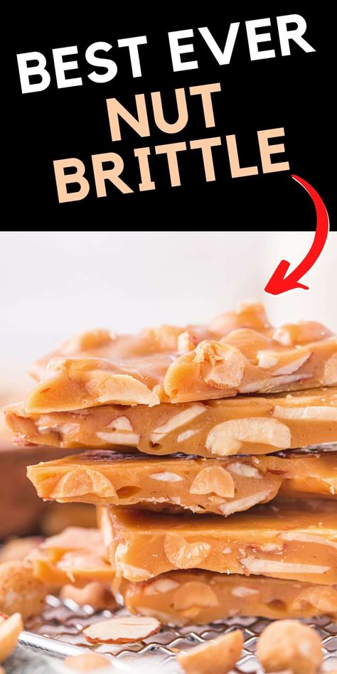 The best nut brittle recipe--perfectly sweet and crunchy homemade candies, with chunks of nuts in each and every bite. Nut Brittle Recipe, Microwave Peanut Brittle Recipe, Recipe With Almonds, Easy Christmas Treat, Microwave Peanut Brittle, Nut Brittle, Holiday Candy Recipes, Christmas Candy Easy, Easy Christmas Candy Recipes