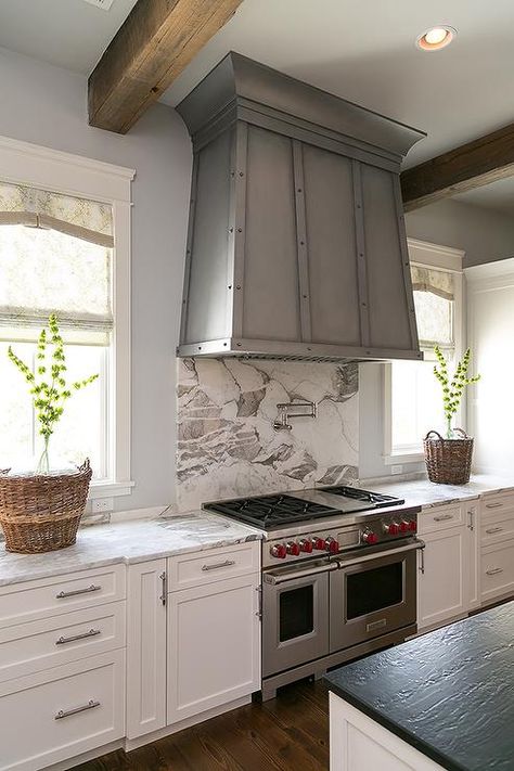 Stove Island, Vent Hood Ideas, Island Range Hoods, Custom Vent Hood, Corner Stove, Slab Backsplash, Stove Hood, Kitchen Hood Design, Kitchen Vent Hood