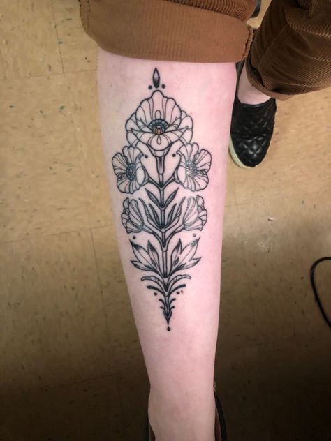 Poppy Art Nouveau Tattoo, Symmetrical Shin Tattoo, Art Nouveau Tattoo Sleeve, Flower Shin Tattoo, Symmetrical Flower Tattoo, Symmetrical Tattoo Ideas, Art Nouveau Floral Tattoo, Shin Tattoos, Art Nouveau Poppy