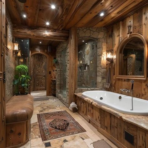 Rustic Bathroom Ideas, Log Cabin Ideas, Cabin Bathrooms, Rustic Bathroom Designs, Cabin Living, Rustic Bathrooms, Log Cabin Homes, Stone Walls, Dream Bathrooms