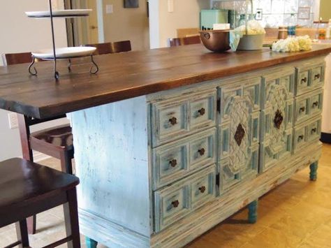 Banquette Design, Kitchen Island Makeover, Builder Grade Kitchen, Dresser Kitchen Island, Diy Kitchen Island, Diy Dresser, Wood Countertops, Redo Furniture, Repurposed Furniture