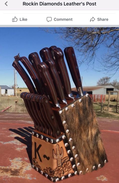 Western Apartment Decor Kitchen, Western Style Kitchen, Western Knife Block, Big Western Kitchen, Rustic Knife Holder, Farmhouse Dishes, Tooled Leather Knife Block, Western Knife, Kitchen Knife Holder