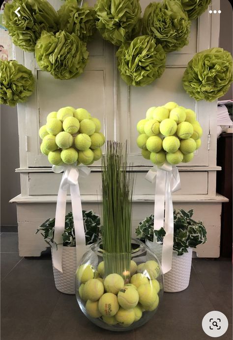 Tennis Party Ideas Decoration, Tennis Graduation Party Ideas, Tennis Table Decorations, Tennis Ball Centerpieces, Tennis Ball Decor, Pickleball Birthday Party Ideas, Tennis Decorations Party, Tennis Themed Party Decorations, Tennis Bridal Shower Theme