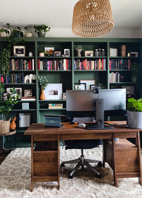 From Billy Bookcases to this “built in” office unit. Green office. Boho chic office. Front room green office built ins. Wood ans green tone office. IKEA Billy book case built ins. Realistic and cheap built ins. Pristine Wilderness by Shermin Williams Green Bedroom Office, Dark Green Bookshelf Aesthetic, Office Plaque Design, All Green Library, Small Office Ideas With Bookshelves, Bookshelves In Office Study, Moody Office Shelves, Green Bedroom Office Ideas, Emerald Green Study Room