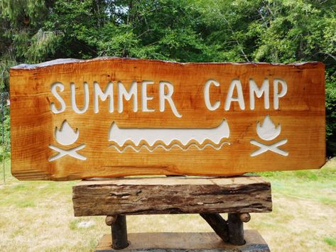 summer camp signs | Custom Summer Camp sign, hand crafted on live & split… Summer Camp Sign, Camp Signage, Summer Camp Aesthetic, Camping Aesthetic, Camping Signs, House Cabin, Horse Silhouette, Cabin Lodge, Natural Edge