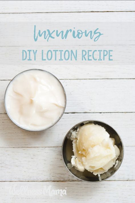 Homemade lotion can save money and help you avoid toxic chemicals. Use this no-liquid recipe with almond oil, coconut oil, beeswax, shea butter and oils. Diy Lotion Recipe, Homemade Lotion Recipe, Whipped Lotion, Diy Moisturizer, Homemade Moisturizer, Lotion Recipe, Wellness Mama, Diy Lotion, Coconut Oil Uses