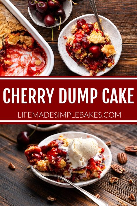 This Cherry Dump Cake is the easiest cake you will ever make! All you need is 5 ingredients and 1 hour and you have a crumbly, cherry-filled cake at your fingertips! Cherry Pie Filling Recipes, Cherry Dump Cake Recipe, Easy Spring Recipes, One Dish Kitchen, Cherry Dump Cake, Dump Cake Recipe, Fruity Cake, Baker Cake, Recipes With Few Ingredients