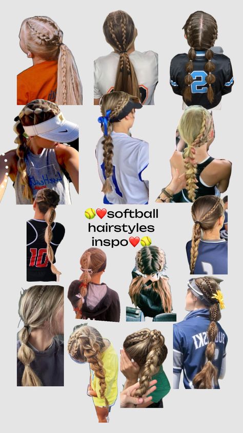 SOFTBALL🥎 East Softball Hairstyles, Softball Girl Hairstyles, Curly Hairstyles For Softball, Hair For Softball Games, Hair Ideas For Softball, Low Softball Hairstyles, Softball Hairstyles Easy And Fast, Cute Baseball Hairstyles, Hair Styles For Softball Players