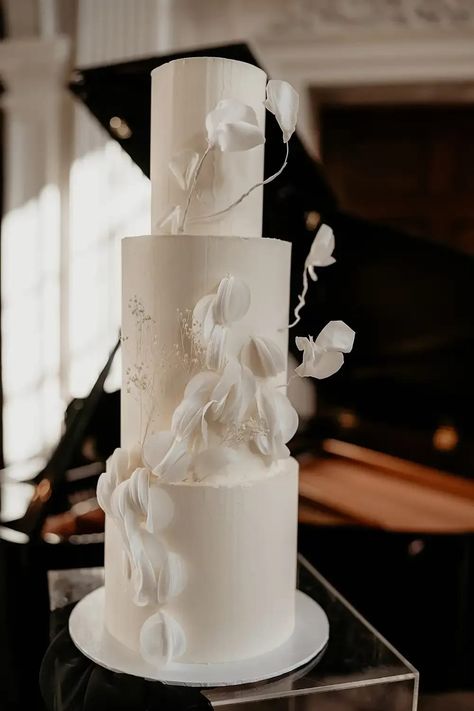 Elegant, modern wedding cake design in a clean monochrome colour palette. Image by Creative Depiction Studio. Wedding Cake Minimalist, Textured Wedding Cakes, Contemporary Wedding Cakes, Wedding Cake Photos, Dream Wedding Cake, Luxury Wedding Cake, White Wedding Cakes, Simple Wedding Cake, Modern Wedding Cake