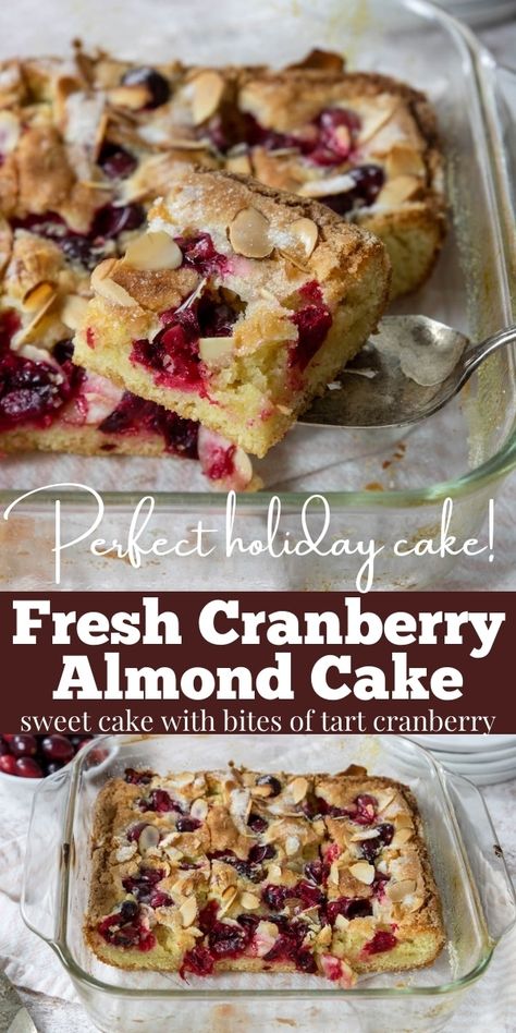 Make this delicious Cranberry Almond Cake and it will become your go-to Holiday cake! Almond flavored cake is topped with fresh cranberries, almonds and then coated with sugar for a deliciously sweet "crust". Almond Flavored Cake, Christmas Breakfast Brunch, Cranberry Christmas Cake, Almond Coffee Cake, Cake Almond, Almond Snack, Xmas Goodies, Food Diet Recipes, Breakfast To Go