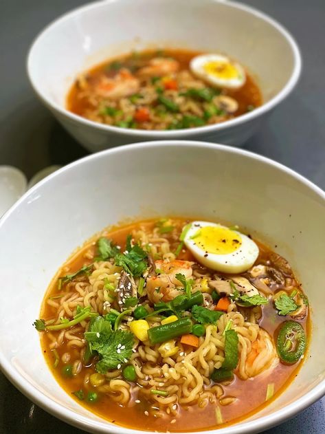 Elevated Ramen, Ramen Upgrade, Shrimp And Eggs, Top Ramen, Ramen Soup, Instant Ramen, Cooking Chicken To Shred, Frozen Vegetables, Cook At Home