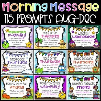 <p>This product contains <strong>123 daily writing prompts</strong> for the months of <strong>August through December!</strong> This is a GREAT way for you and students to begin the morning and to help build and maintain a respectful and positive<strong> classroom community! </strong></p><p></p><p><strong><ins>WHAT'S INCLUDED?!</ins></strong></p><ul><li><strong>August</strong>- 15 prompts (3 prompts per weekday)</li><li><strong>September</strong>- 25 prompts (5 prompts per weekday)</li><li><stro Morning Writing Prompts, Whiteboard Prompts, Morning Writing, Classroom Corner, Morning Meeting Activities, Responsive Classroom, Daily Writing Prompts, Morning Message, Daily Writing