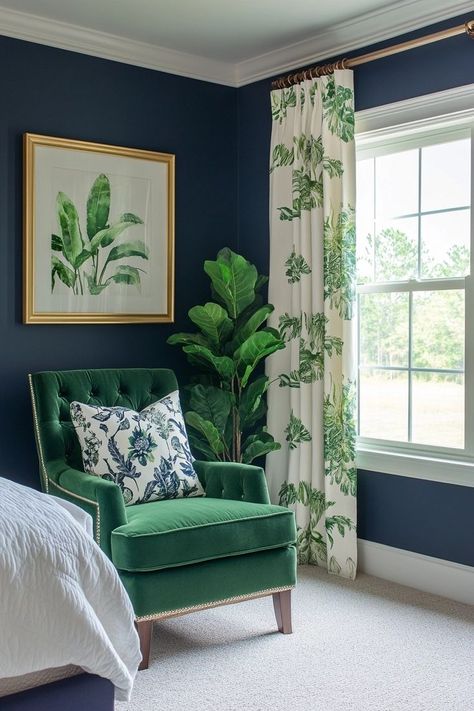 navy and blush bedroom ideas Green And Navy Bedroom Ideas, Green And Blue Guest Room, Navy Blue And Emerald Green Bedroom, Navy And Green Decor, Navy Green Bedroom, Navy Decor Ideas, Green And Navy Bedroom, Navy And Teal Bedroom, Blue And Green Bedroom Ideas