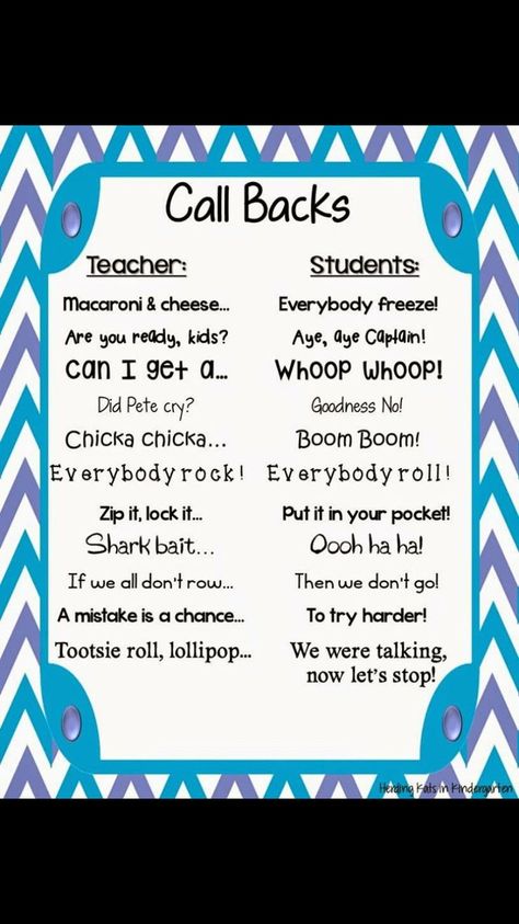 Cool Call backs for the classroom Classroom Chants, Organization Classroom, Teaching Classroom Management, Classroom Songs, Prek Classroom, Substitute Teaching, Classroom Management Tool, Classroom Behavior Management, Elementary Classroom Decor