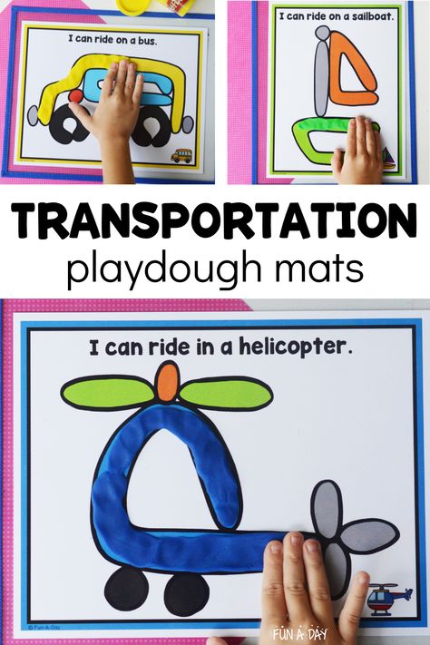 These transportation playdough mats are perfect for your preschool, pre-k, or kindergarten students any time of the year. They'd be great as part of a transportation theme or when learning about specific vehicles. Click on the Fun-A-Day.com link for your own copy of the play dough transportation mats. Road Transport Activities For Preschool, Transportation Theme For Kindergarten, Transportation Science Activities Preschool, Transportation Block Center Preschool, Planes Preschool Activities, Transportation Day Preschool, Transportation Preschool Centers, Play Dough Activities Kindergarten, Transportation Writing Preschool