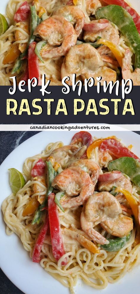 Jerk Shrimp Rasta Pasta Recipe Shrimp Rasta Pasta Recipe, Rasta Pasta Recipe, Jerk Shrimp, Quick Chicken Dinner, Rasta Pasta, Jerk Marinade, Eastern European Recipes, Creamy Pasta Recipes, Vegetarian Pasta Recipes