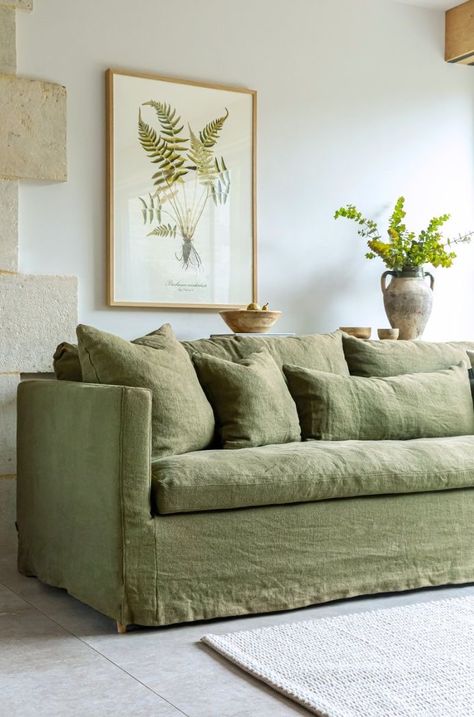 4 Seater Sofas, Green Linen Sofa Living Room, Cottage Core Sofa, Linen Sofa Living Room, Green Linen Sofa, Green Sofa Living Room Colour Schemes, Neutral Sofa Living Room, Living Room Planning, Sage Green Sofa