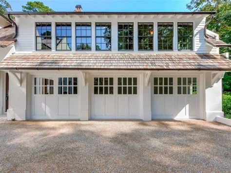 Addition Above Garage Before And After, Attached Garage Addition With Bonus Room, Garage Addition Ideas Attached, Breezeway To Garage, Garage Overhang, Addition Over Garage, Exterior Millwork, Detached Garage Ideas, White Garage Doors