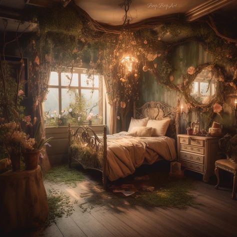 Earth Aesthetic Bedroom, Nature Bedroom Decor Ideas, Mushroomcore Bedroom, Witchy Cottage Core Bedroom, Cottage House Bedroom, Fairy Cottage Bedroom, Ethereal Aesthetic Bedroom, Fairy Home Aesthetic, Cottage Core Room Aesthetic