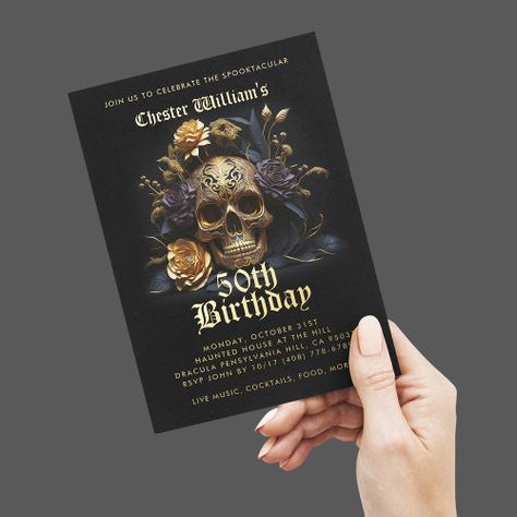 $4.75 | Modern 50TH BIRTHDAY GOLD SKULL ROSE | Halloween Birthday Invitations | 50th birthday, sugar skull, modern, black gold skull rose, spooktacular, adult halloween party, dia de los muertos, floral skull, fifty, black and gold Adult Halloween Invitations, Halloween Party Design, 10th Birthday Invitation, Rosé Halloween, Rose Birthday, Halloween Birthday Invitations, Birthday Gold, Rosé Birthday, 50th Birthday Invitations