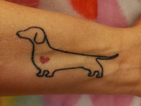 Dachshund Flower Tattoo, Weenie Dog Tattoo, Simple Weenie Dog Tattoo, Traditional Weenie Dog Tattoo, Long Hair Dachshund Tattoo, Long Haired Dachshund Tattoo Ideas, Doxie Tattoo, Daschund Tattoo, Dachshund Tattoo