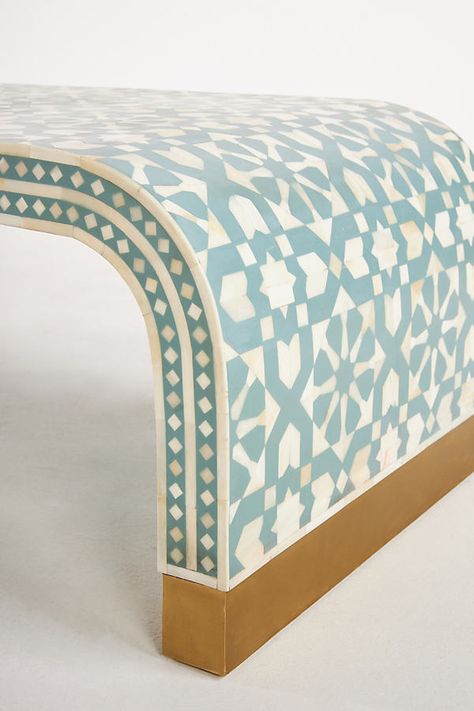 Since the days of ancient Egypt, craftsmen have been using inlaid bone to decorate furniture surfaces, and for good reason: it embodies a natural sheen that adds instant luxury to any space. Handcrafted using the same centuries-old technique, this coffee table features an intricately patterned bone inlay rendered in a waterfall silhouette. For ordering assistance and more, please contact us. For aesthetic advice and tips to help decorate your space, enjoy our complimentary home styling services. Coffee Table Green, Moroccan Coffee Table, Bone Inlay Table, Waterfall Coffee Table, Sofa Bar, Design Marocain, Handmade Coffee Table, Bone Inlay Furniture, Coffee Table Size