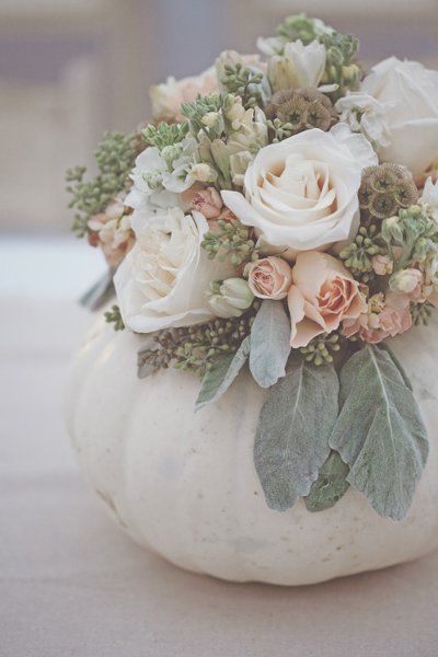 #centerpieces #weddings {Credit: Bunch Studio} White Pumpkin Centerpieces, Unique Wedding Centerpieces, Scabiosa Pods, Fall Centerpieces, Poppy Pods, Pumpkin Vase, Pumpkin Wedding, Flowers And Greenery, Pumpkin Flower