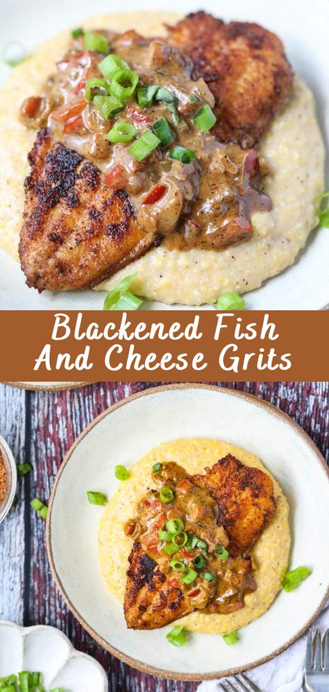 Blackened Fish And Cheese Grits | Cheff Recipes Grit Recipes Dinners, Fish And Grits Breakfast, Restaurant Fish Recipes, Cod And Grits, Blackened Catfish And Grits, Blackened Fish And Grits, Savory Grits Dinners, Cajun Chicken And Grits, Skillet Fish Recipes