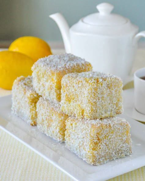 Lemon Lamingtons Lamingtons Recipe, Lemon And Coconut, Raspberry Compote, Moist Vanilla Cake, Australia Food, Lemon Desserts, Vanilla Cream, Lemon Recipes, Savoury Cake