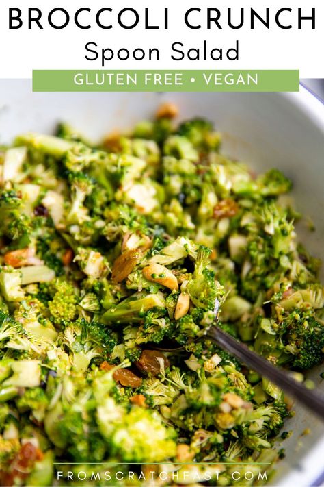 With chopped peanuts, golden raisins, cilantro, and a warm garlic-ginger chili crisp dressing, this broccoli crunch salad is spicy, sweet, savory, and totally addicting. Broccoli Crunch Salad, Crunchy Broccoli Salad, Chili Crunch, Roasted Cauliflower Salad, Crunch Salad, Chili Crisp, Different Salads, Spicy Salad, Gluten Free Sides Dishes