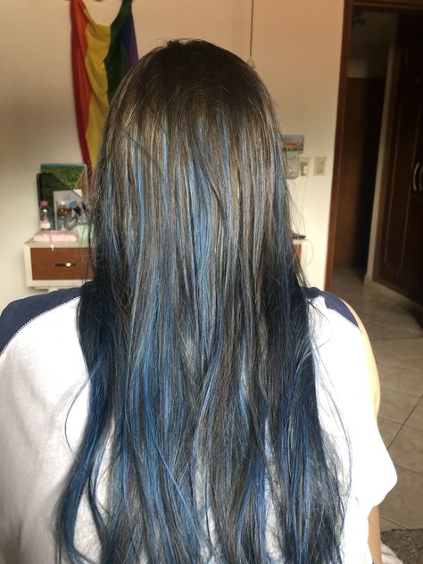 Light Brown Hair With Blue Highlights, Blue Lowlights In Brown Hair, Blue Streaks In Brown Hair, Blue Underneath Hair, Brown Hair Blue Highlights, Brown Hair With Blue Highlights, Blue Highlights In Brown Hair, Dark Blue Highlights, Blue Tips Hair