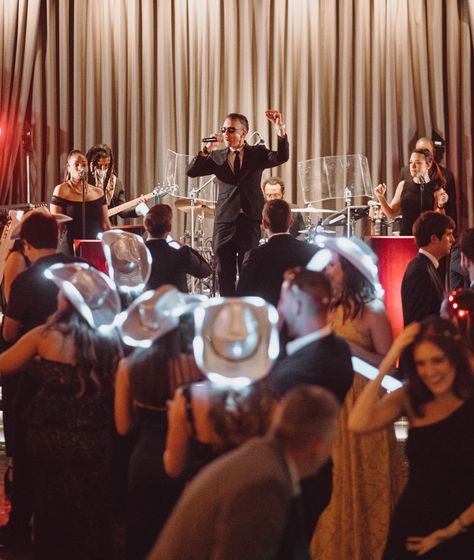 Cowboy Hats Wedding Reception, Band At Wedding Reception, Cowboy Hat Wedding Reception, Cowboy Hats At Wedding Reception, Wedding Reception Vibes, Light Up Cowboy Hat Wedding Reception, Live Band Aesthetic, Light Up Cowboy Hat Wedding, Wedding Light Up Cowboy Hats