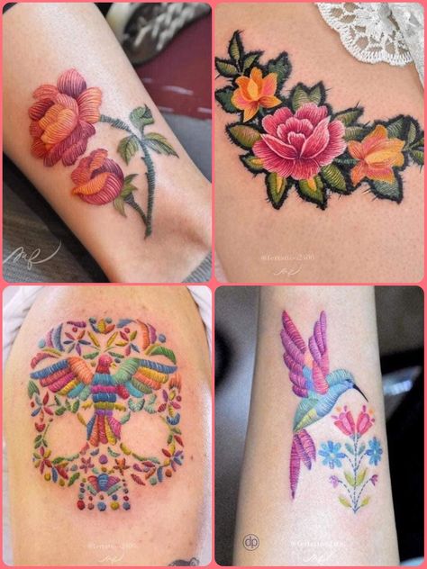 This Mexican artist ′′ embroidered ′′ skin tattoos that look like made with thread and needle.  María Fernanda Ramirez is a Mexican artist who entered body art, now five years and much practice later, has found a characteristic style: embroidery on the skin. Mexican Stitching Tattoo, Mexican Flower Embroidery Tattoo, Mexican Patch Tattoo, Mexican Design Tattoo, Embroidery Tattoo Flower, Embroidered Tattoo Ideas, Mexican Art Tattoos For Women, Embroidered Tattoo Design, Embroider Tattoos