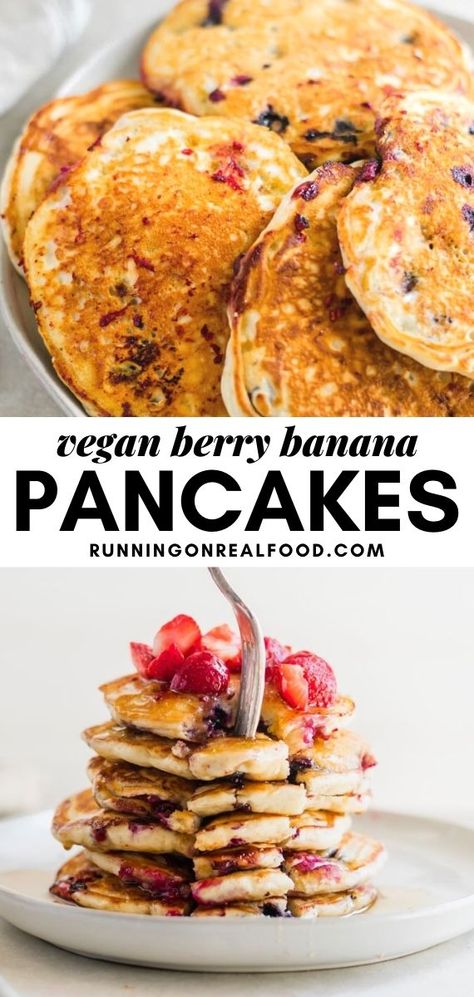 These delicious, vegan banana pancakes with berries are sugar, oil, egg and dairy-free and very easy to make with simple, everyday ingredients for a quick vegan breakfast. Simple Vegan Pancakes, Quick Vegan Breakfast, Vegan Pancakes Easy, Vegan Banana Pancakes, Berry Pancakes, Vegan Pancake Recipes, Quick Vegan, Healthy Vegan Breakfast, Vegan Pancakes