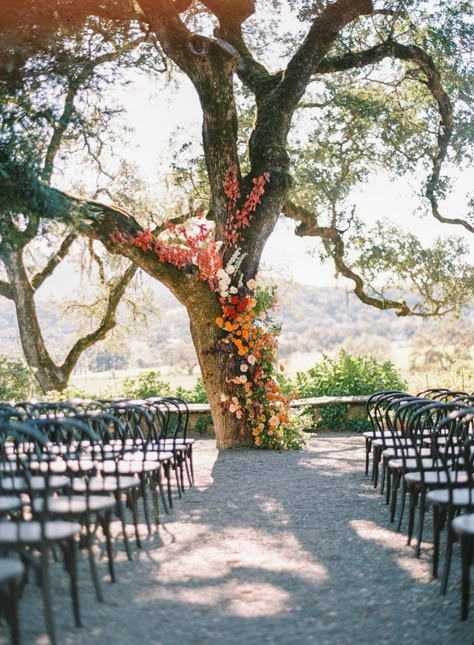 Tree Decor For Wedding, Fall Leaves Wedding Arch, Tree Ceremony Backdrop, Wedding Tree Ceremony, Wedding Tree Flowers, Flowers On Tree Wedding, Wedding Alter Backdrops, Tree Wedding Alter, Tree Flowers Wedding