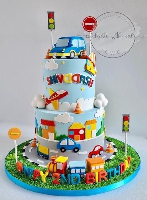 Transport Cake 2nd Birthday, Car Themes Birthday Party, Transportation Party Cake, Cake With Cars Boys, Birthday Cake Cars Boy, Birthday Cake Car Theme, Cake Designs For Kids Boys, Car Cakes For Boys Birthday For Kids, Transportation Cakes For Boys