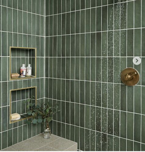 Master Bath Shower Tile Green, Zellige Bathroom, Green Shower Tile, Green Tile Bathroom, Floor Renovation, Loft Kitchen, Primary Bath, Primary Bathroom, Shower Niche