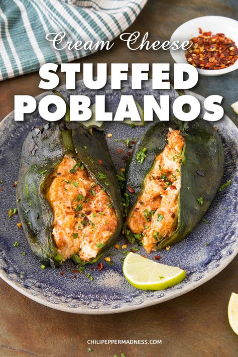 Cream Cheese Stuffed Poblano Peppers - A recipe for earthy poblano peppers that have been roasted and stuffed with cream cheese and white cheddar cheese along with a mixture of seasonings, then grilled or baked until the insides are nice and gooey. One of my favorite stuffed pepper recipes.  #StuffedPeppers #Poblano #Dinner #CreamCheese #Spicy Cheese Stuffed Poblano Peppers, Poblano Recipes, Stuffed Poblanos, Poblano Peppers Recipes, Poblano Peppers, Stuffed Poblano Peppers, Cheese Stuffed, Red Sauce, Peppers Recipes