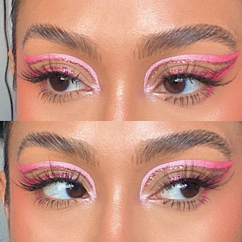 Pink Eyeliner, Rhinestone Makeup, Day Makeup Looks, Pink Eye Makeup, Graphic Makeup, Graphic Eyeliner, Graphic Liner, Dope Makeup, Colored Eyeliner