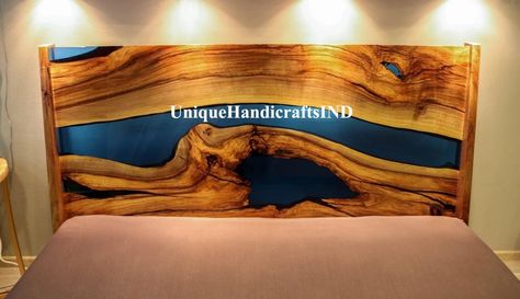 Resin Headboard Bed, Live Edge Furniture Bedroom, Epoxy Bed Frame, Handmade Bedroom Furniture, Epoxy Furniture, Live Edge Epoxy, King Bed Headboard, Headboard Bedroom, Wood Table Design